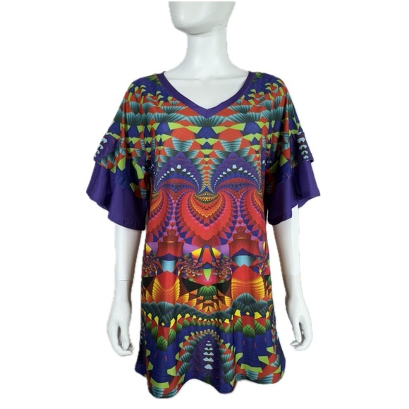 Lily by Firmiana Multi-Colored Kaleidoscope Ruffled Sleeve Tunic Top - Picture 1 of 7